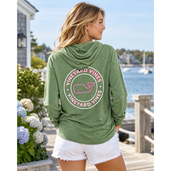 Vineyard Vines Tops - NEW Vineyard Vines Green Slub Whale Dot Curved Hem Hoodie Tee Medium Cotton Top
